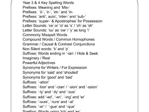 Year 4 English Spelling Lists - KS2 National Curriculum