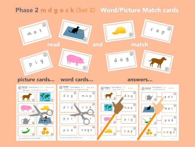 Phonics Phase 2 m d g o c k Picture/word match cards | Teaching Resources