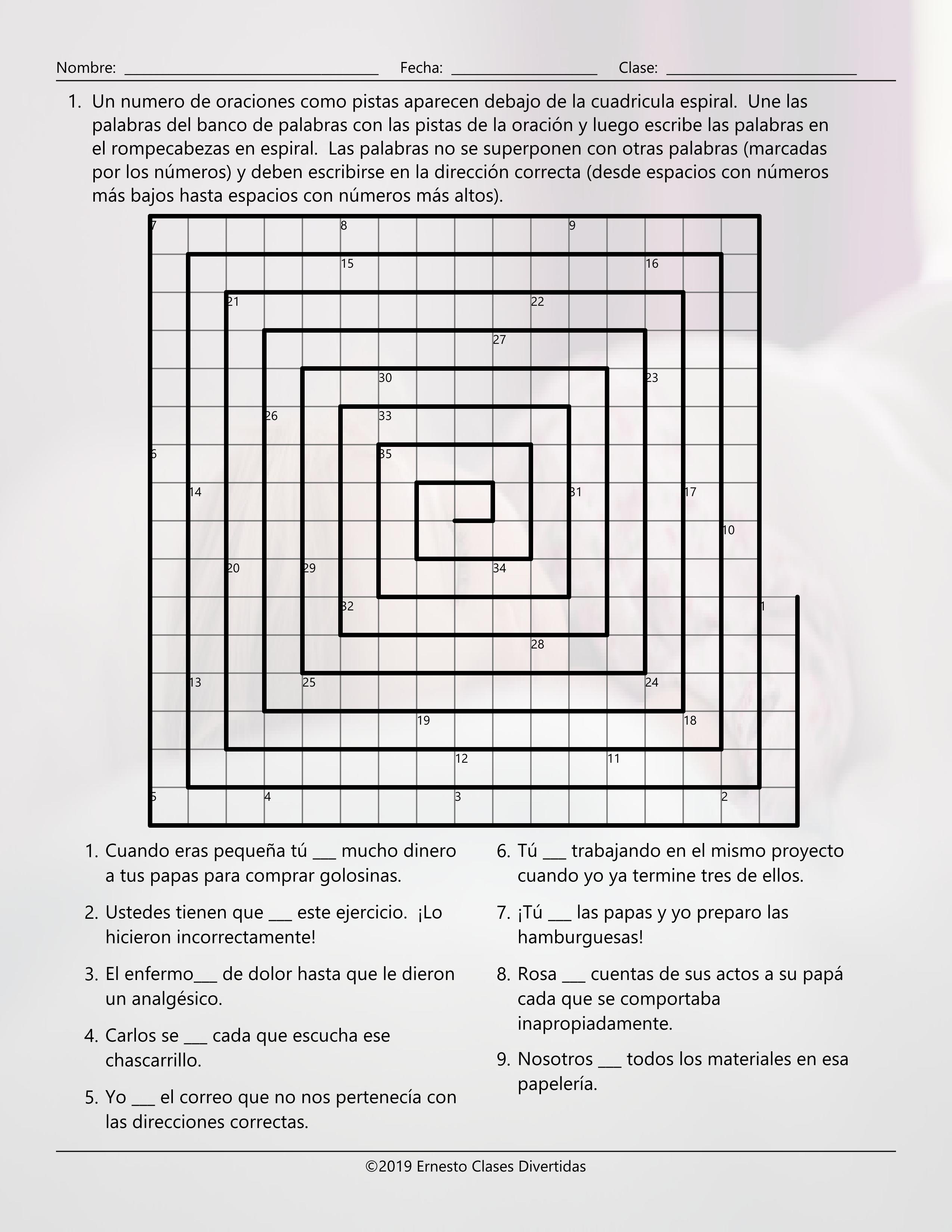 Present , Past, and Future Simple 1 Word Spiral Spanish Worksheet ...