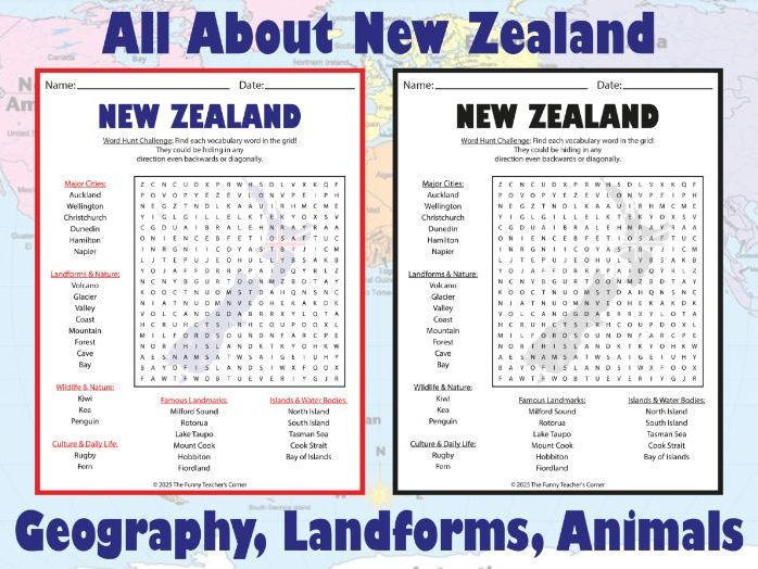 All About New Zealand Word Search | Geography, Landforms, Animals & Culture