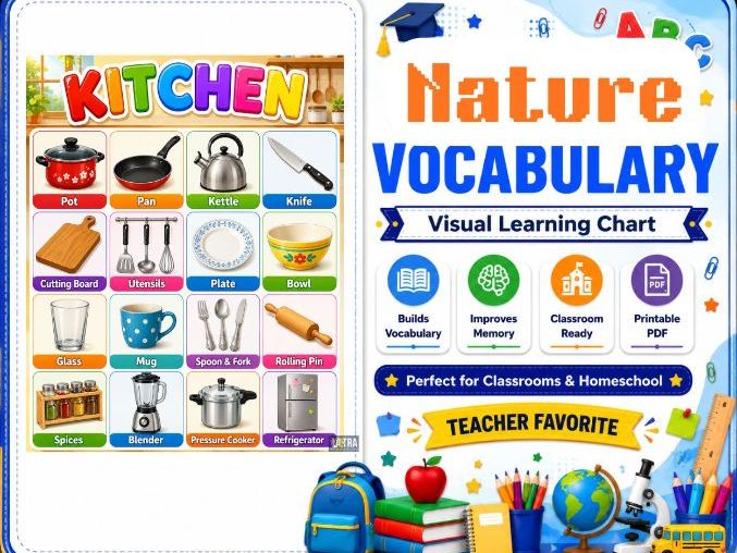 Kitchen Vocabulary Chart for Kids | Kitchen Items & Appliances Learning Poster for Preschool