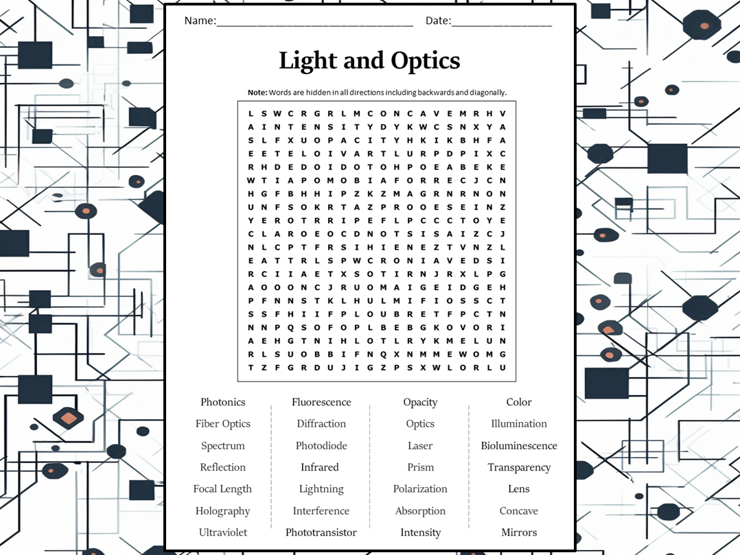 Light and Optics Word Search Puzzle Worksheet Activity Teaching Resources
