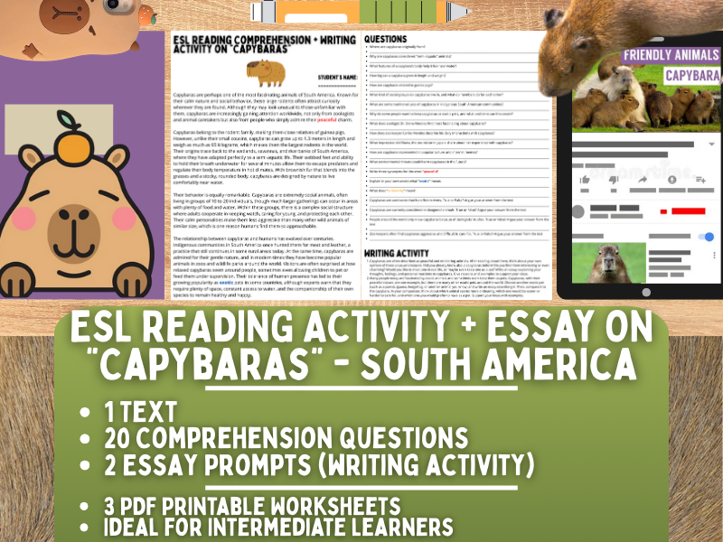 ESL Reading Comprehension + Writing Activity - Capybara - South America