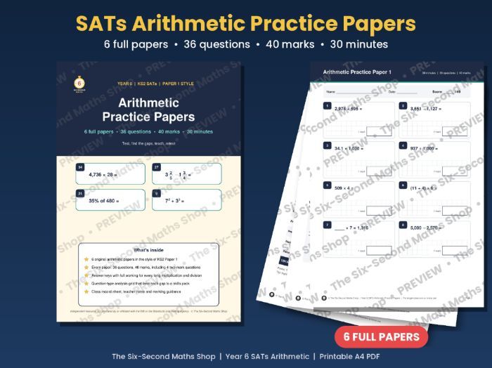 Year 6 SATs Arithmetic Practice Papers | 6 Full Papers, 36 Questions, 40 Marks | Answers
