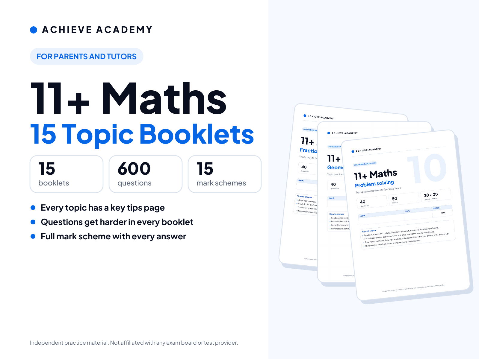 11+ Maths Topic Booklets: 15 Topics (Years 5–6) with Mark Schemes