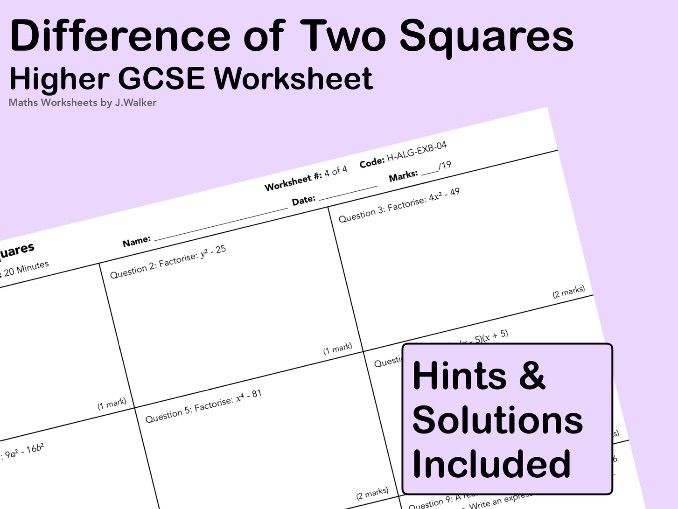 GCSE Maths Worksheet: Difference of Two Squares - Higher Tier