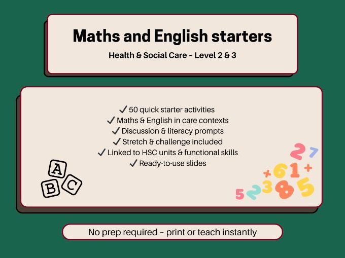 50 Maths & English Starter Activities for Health & Social Care | Functional Skills Embedded | L2–L3