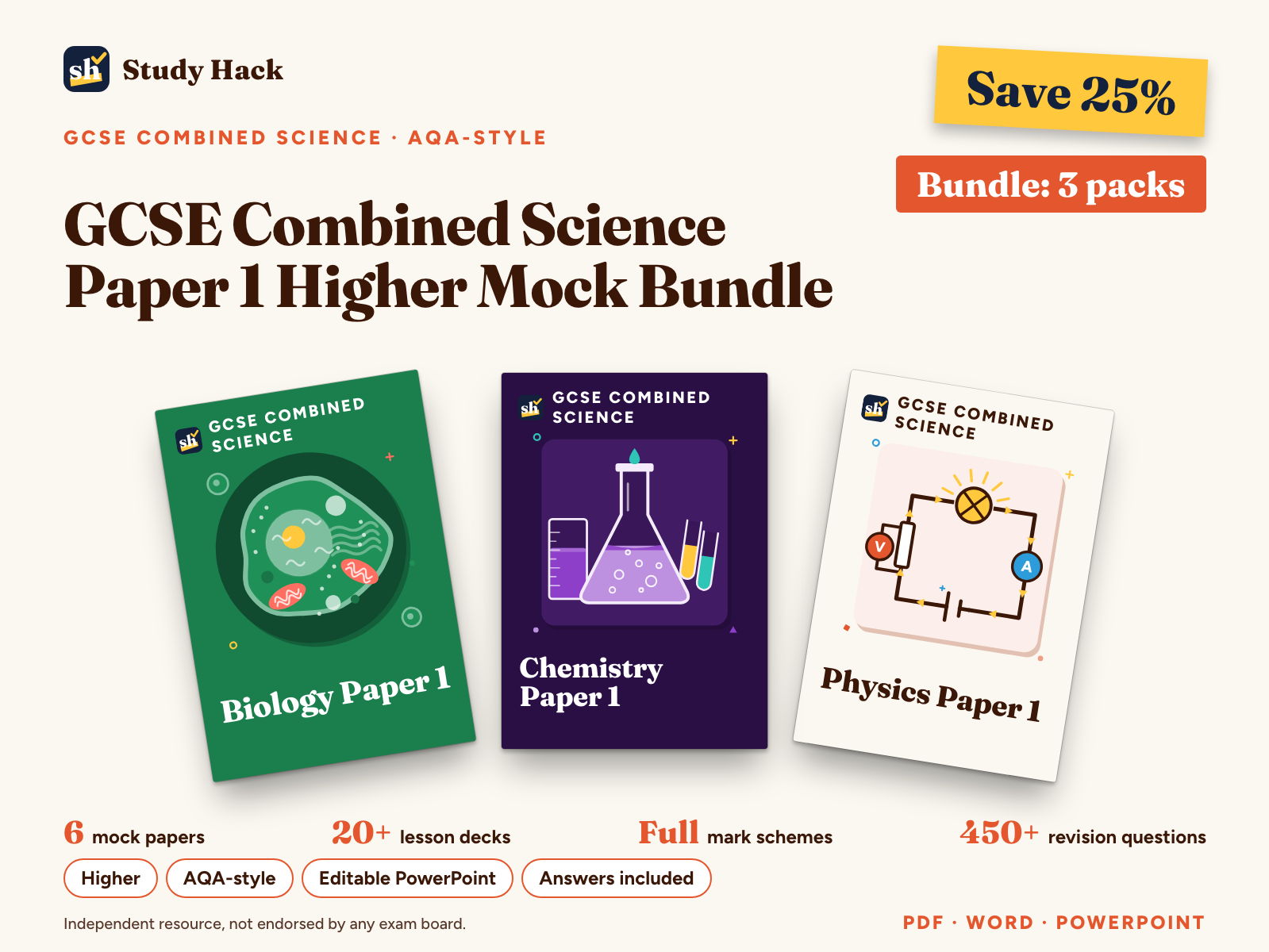 GCSE Combined Science Paper 1 Higher Mock Bundle: Biology, Chemistry and Physics (AQA-style)