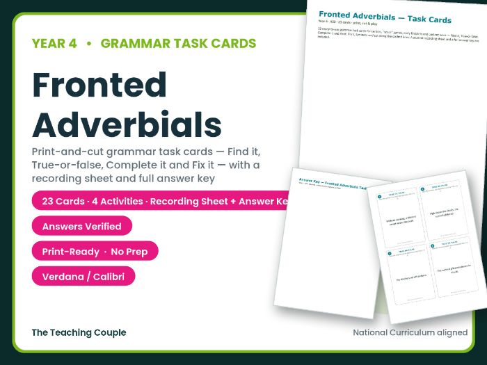 Year 4 Fronted Adverbials Task Cards – 23 Grammar Cards + Answer Key