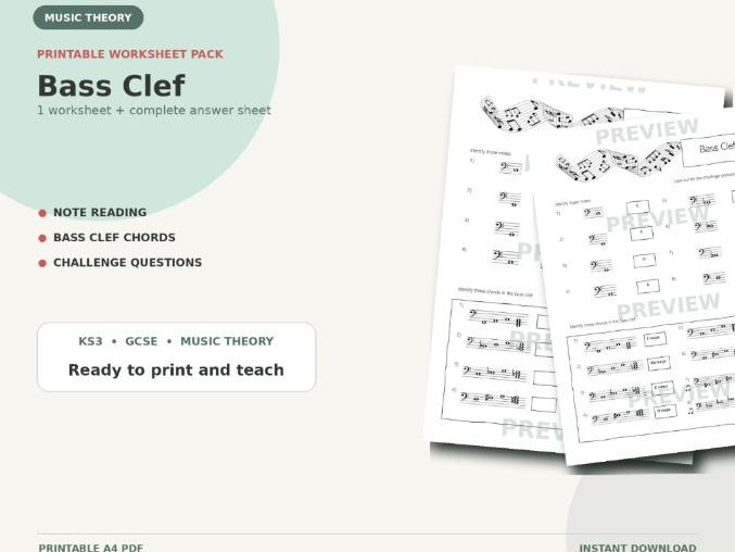 Bass Clef Worksheet Pack | Printable Music Theory Activities PDF