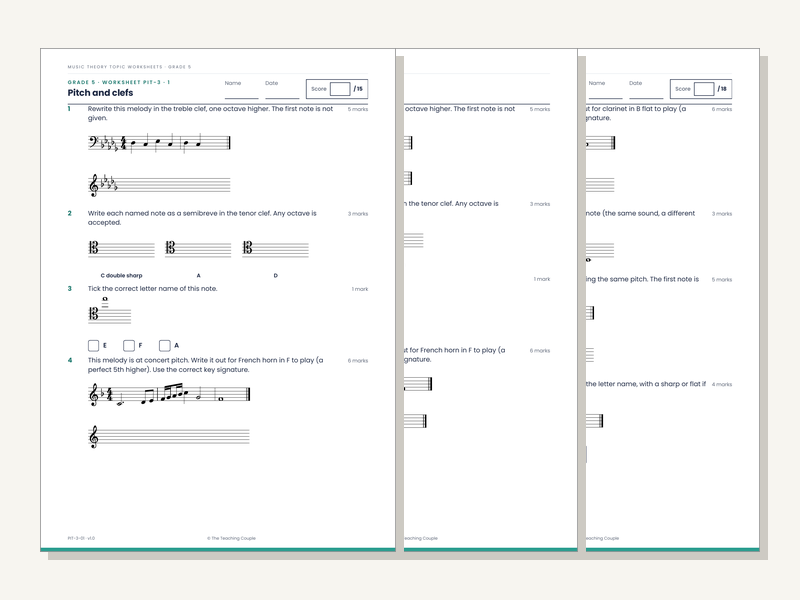 Grade 5 Music Theory Worksheets: Pitch & Clefs (20 Sheets + Answers)