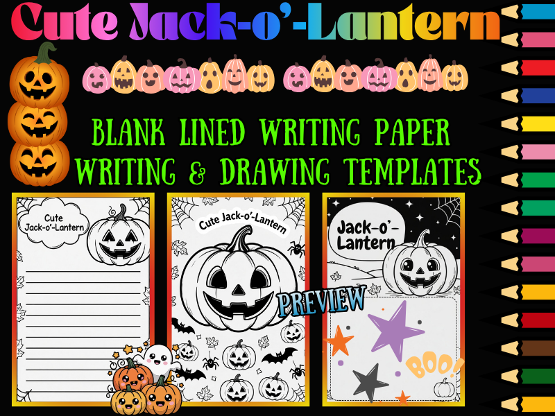 Halloween Cute Jack-o’-Lantern Coloring Pages & Lined Writing Paper NO PREP Pack