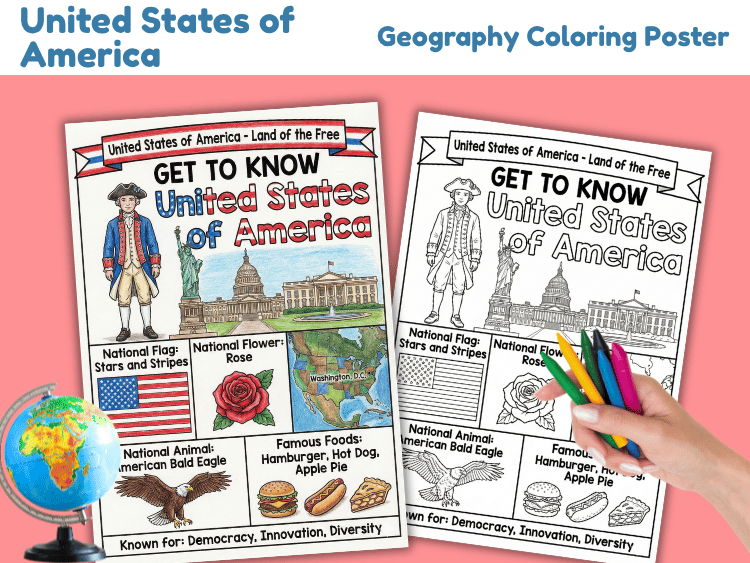 United States Geography Coloring Poster | USA Facts & Symbols
