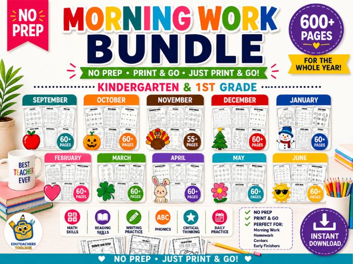 Morning Work Bundle Kindergarten & 1st Grade | 600+ Math & Literacy Worksheets | September-June