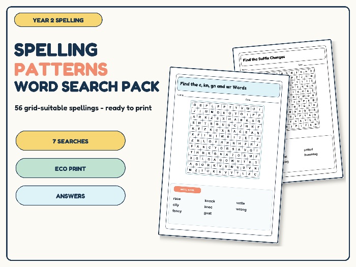 Year 2 Spelling Patterns Word Search Pack | 7 Spelling Activities