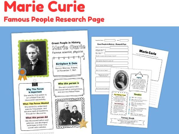 Marie Curie Biography Research Project | Famous Scientist Worksheets