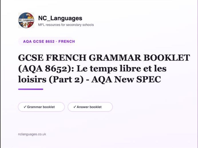 GCSE FRENCH GRAMMAR BOOKLET (AQA 8652): Le temps libre et les loisirs (Part 2) - AQA New SPEC