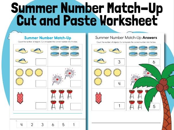 Summer Number Match-Up Cut and Paste Worksheet