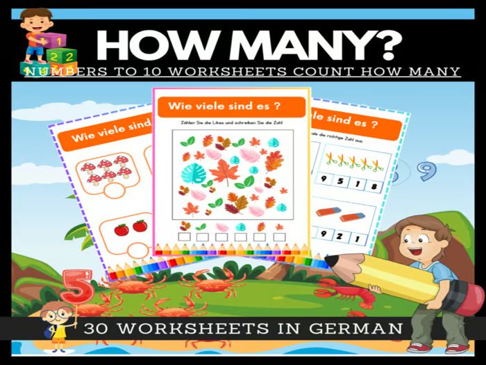 How many? Worksheets Count How Many / Printables, Kindergarten/Version in German