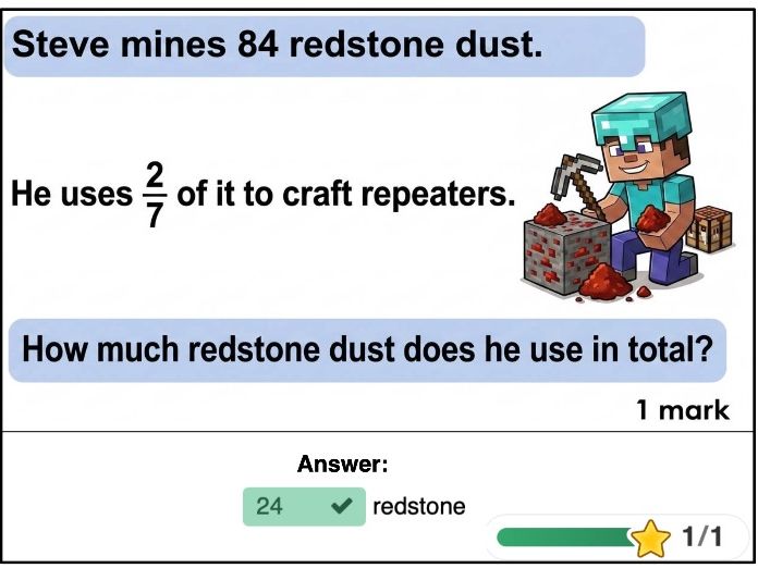 Year 6 SATs Fractions Quiz - Minecraft Themed Reasoning Questions