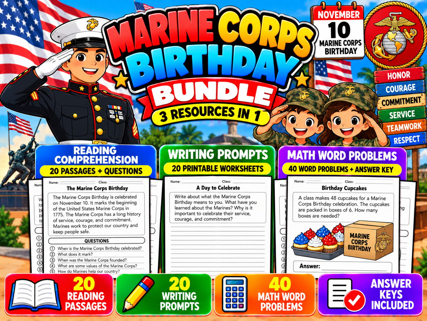 Marine Corps Birthday Activities Bundle | Reading, Writing & Math | Grades 2–8