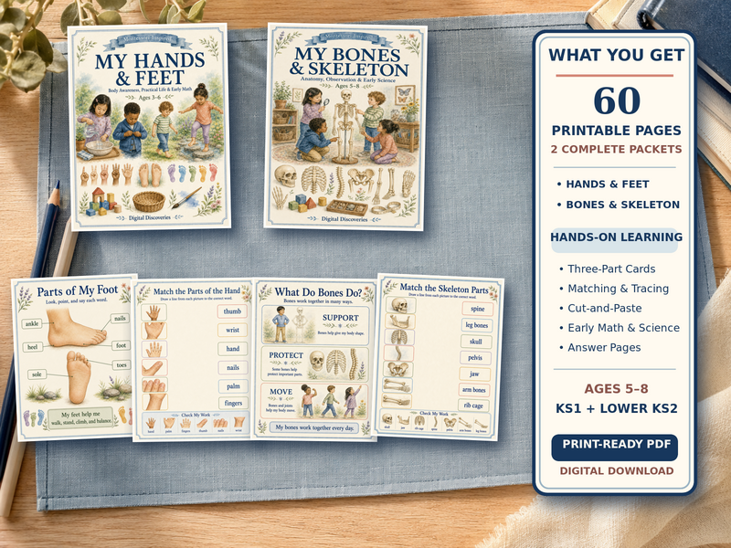 Montessori Human Body Printable Bundle with Hands, Feet, Bones, Skeleton for KS1-Lower KS2