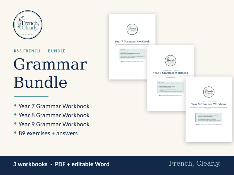 KS3 French Grammar Bundle – Year 7, Year 8 & Year 9 Workbooks (Exercises + Answers)