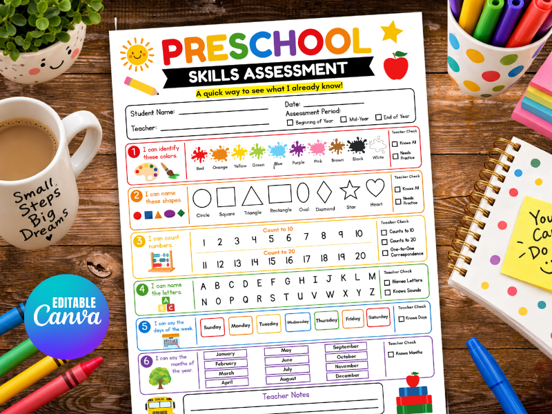 Preschool Skills Assessment for Preschool | Basic Skills Assessment | Colors, Shapes, Numbers