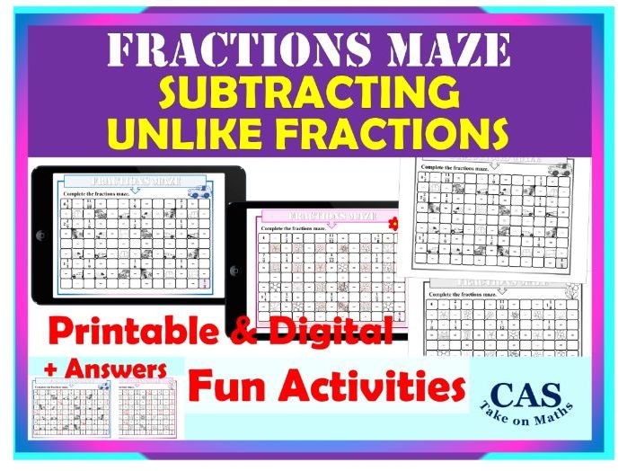 KS2 & KS3 Subtracting Unlike Fractions Mazes – Fun Maths Activity Printable & Digital