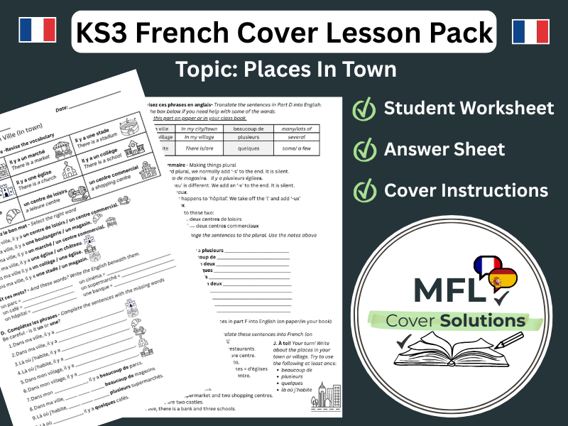 KS3 French Cover Lesson- In Town (En Ville)
