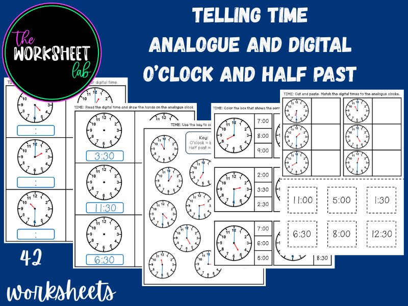 Telling Time: Analogue and Digital - O'Clock and Half Past Worksheets