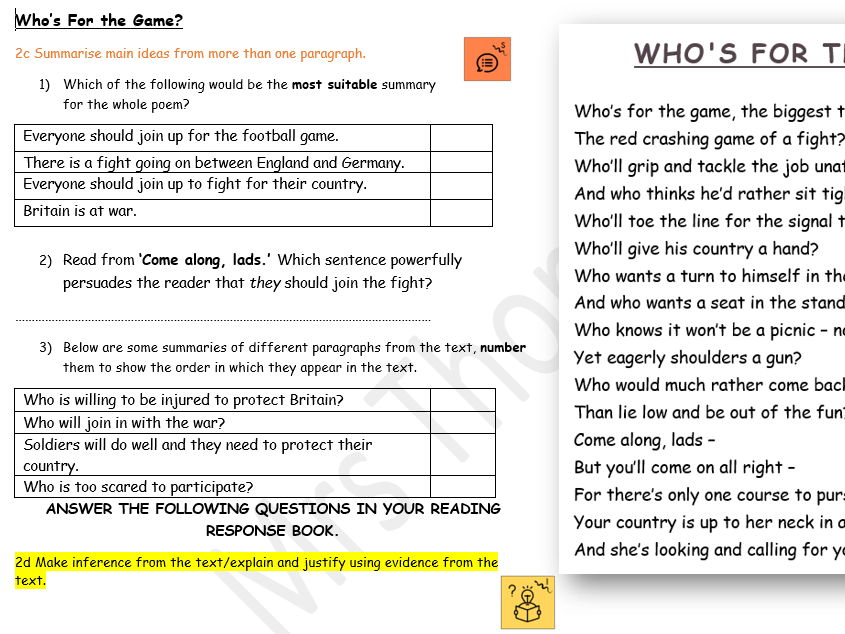 World War 1 - Who's for the Game Reading Lesson