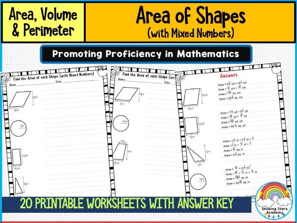 Find the Area of Each Shape (with Mixed Numbers) – Worksheets & Practice Activities