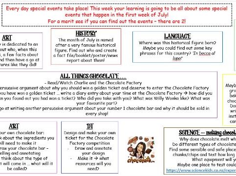 Themed Home Learning  - First week of July events