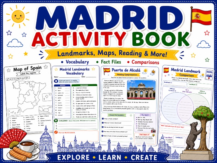 Madrid Activity Book | Spain Geography, Landmarks, Maps & Reading Comprehension