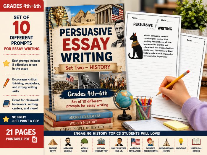 Persuasive Essay Writing Prompts Set 2 – History Topics | Grades 4–6 | 10 Writing Activities