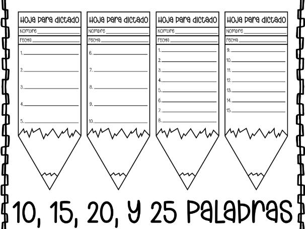 Plantillas para Pruebas de Ortografía en Español - Diseño de Lápiz - 10, 15, 20 y 25 Palabras