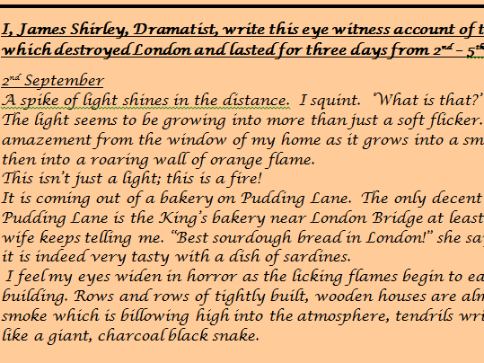 KS1 & 2 Eye witness recount /diary account of the Great Fire of London