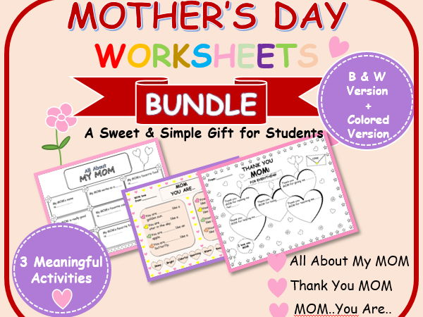 Mother's Day worksheet Bundle for Kids- PDF Printable activities- best for Primary from Grade 1 to 4