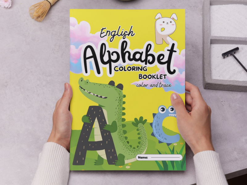 English Alphabet Coloring and Tracing Booklet in Black Outline Style