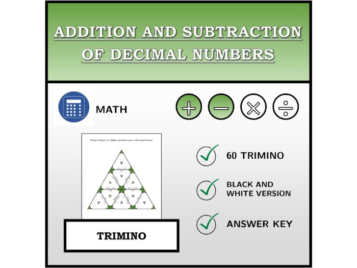 Trimino | Addition and Subtraction of Decimal Numbers | Math Activity