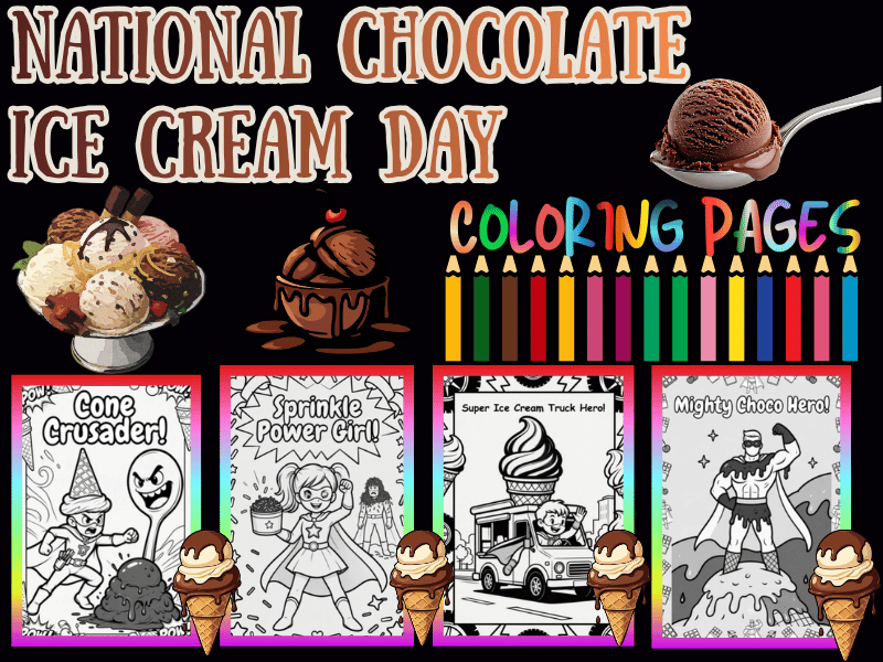 Superhero Chocolate Ice Cream Day Coloring Pages for kids | June 7 NO PREP Pack