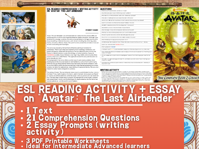 ESL Reading Comprehension + Writing Activity - Avatar: The Last Airbender - Animated TV Series