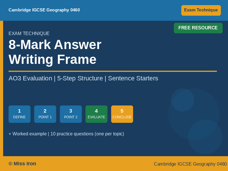 Cambridge IGCSE Geography 0460 | 8-Mark Answer Writing Frame | AO3 Exam Technique | 2027
