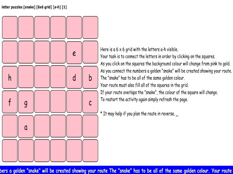 letter puzzles [snake] [6x6 grid] [a-h] [1]