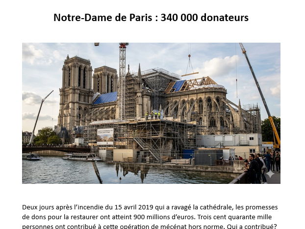 AQA French A Level stimulus card - Notre-Dame de Paris : 340 000 donateurs