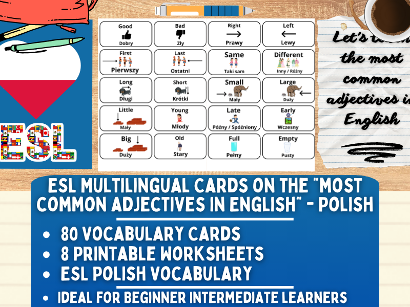 ESL Multilingual Vocabulary Flashcards - Most Common Adjectives - Polish