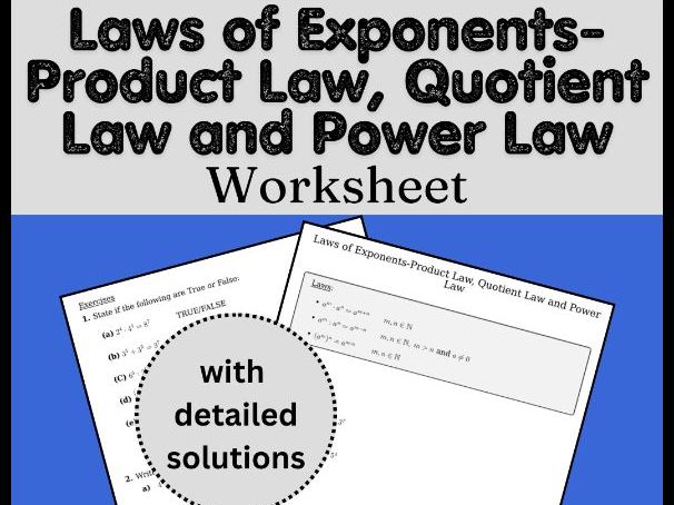 Laws of Exponents-Product Law, Quotient Law and Power Law Worksheet
