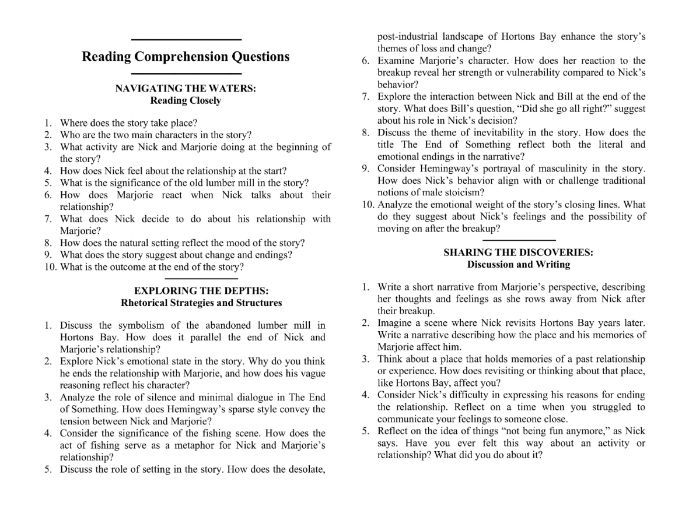 The End of Something by Ernest Hemingway with Reading Comprehension Questions