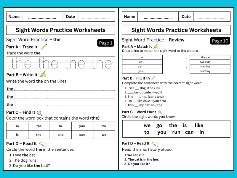 Sight Words Practice Worksheets Reception & KS1 Year 1 Teaching